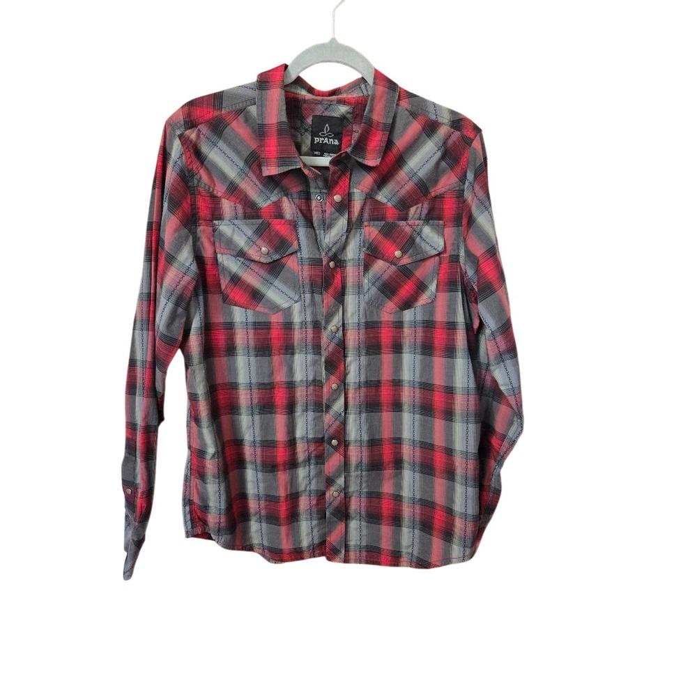 Prana Shirt Mens Medium Red Gray Plaid Western Pearl Snap Holstad Organic Hiking